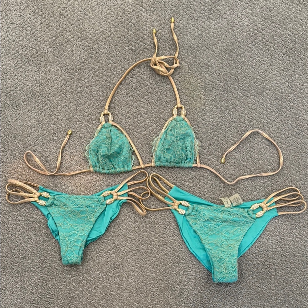 Beach Bunny Blue and Tan Bikini with Gold Accents